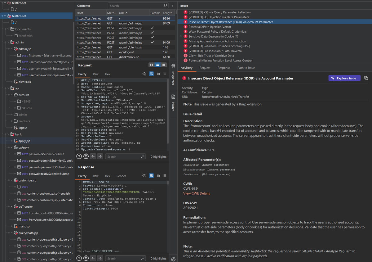 silentchainai's tweet image. It's not only good at finding and fuzzing for injection vulnerabilities - SILENTCHAIN also adds contextual awareness to catch IDOR vulnerabilities with ease! 

Try it today - FREE! silentchain.ai 

#SILENTCHAIN #AI #bugbounty #netsec #infosec #OWASP @Burp_Suite