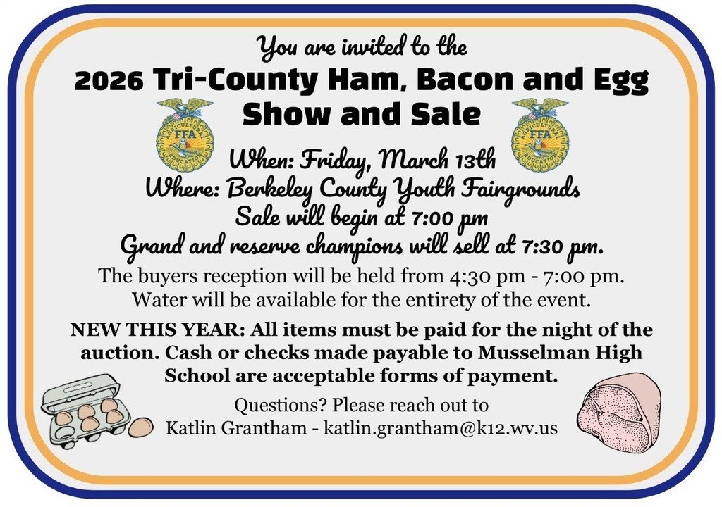 BSHS_TRIBEPRIDE's tweet photo. Seven Members of the Berkeley Springs FFA will be participating the the Tri county Ham Bacon &amp; Egg show and sale Friday March 13. Students will show and auction products that they have produced this year. https://t.co/OcRhVpA9UD