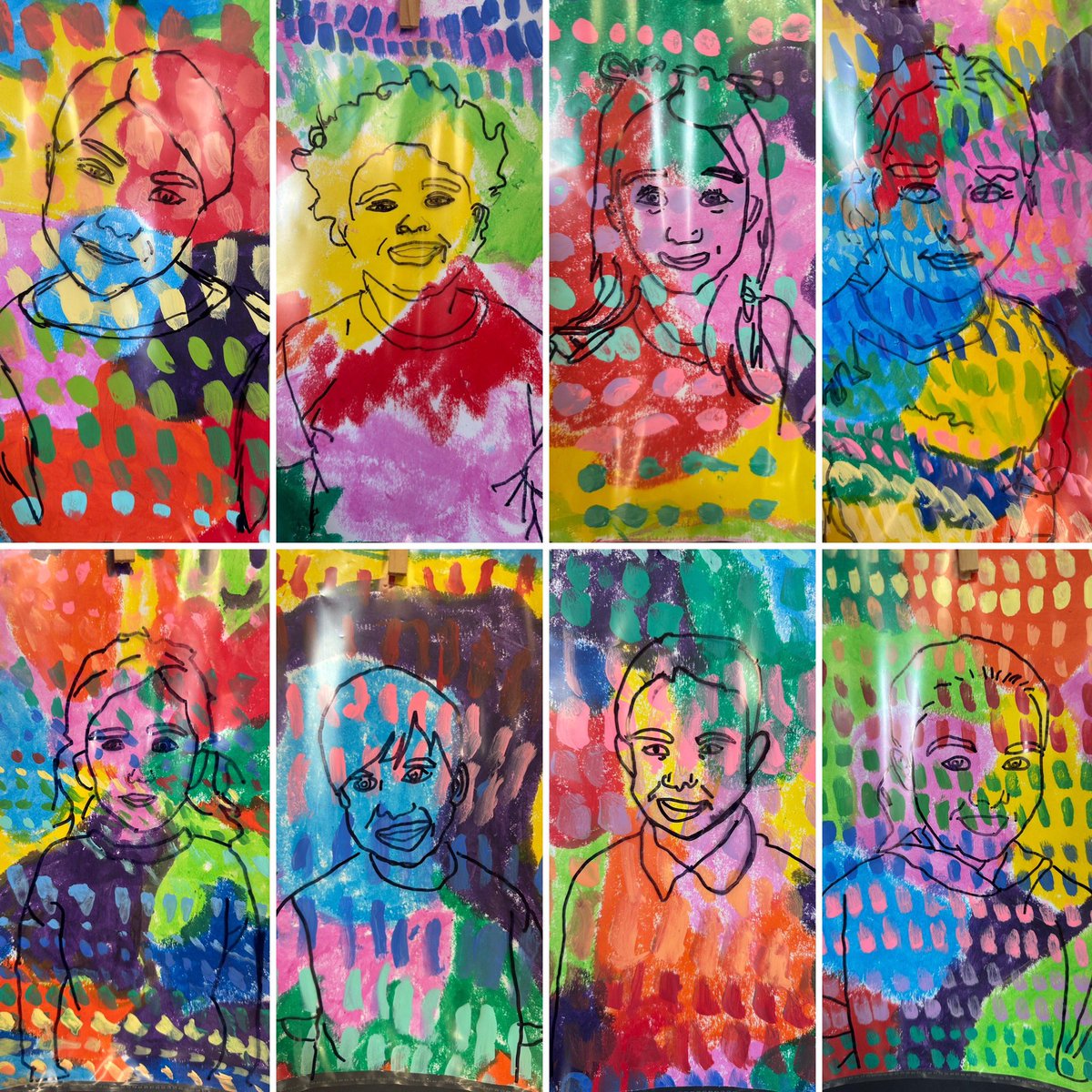 1st grade artists at Clearview are playing the guessing game of “who’s who?!” with their colorful contour line portraits! <a href="/clearprincipal/">Clearview Elementary</a> #HPSDawesome