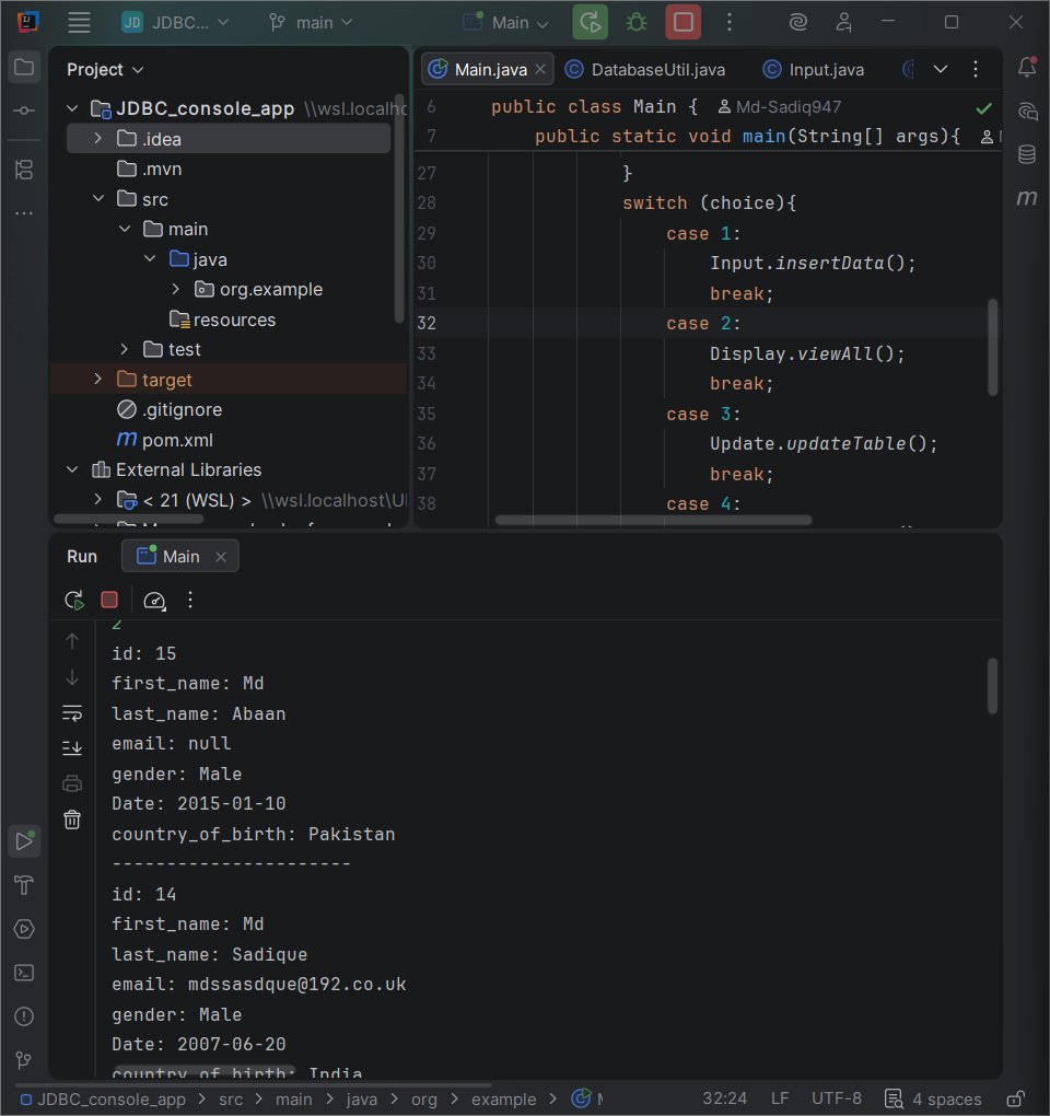 Dev_with_User's tweet photo. JDBC Person Management Console App with full CRUD (add, view, update, delete) using PostgreSQL.  
Menu-driven, modular code.  
Repo: https://t.co/NDNu4qac8q  
Next: Converting to Spring Boot REST API 🚀  
#Java #JDBC #PostgreSQL #BackendDev #InternshipHunt https://t.co/HrhqDYnJQV