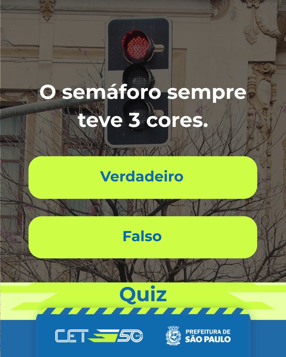 CETSP_'s tweet image. 🚦 O semáforo faz parte da história da mobilidade e continua sendo essencial para organizar o trânsito. Mais do que responder ao quiz, é fundamental respeitar todas as sinalizações. 
Essa atitude protege vidas.

#CETSP #Semáforo #Segurança