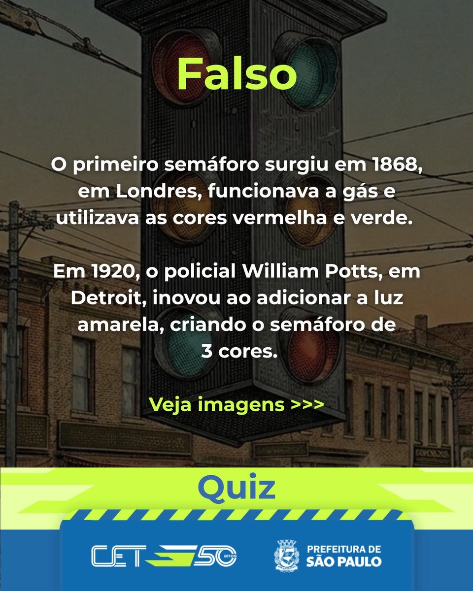 CETSP_'s tweet image. 🚦 O semáforo faz parte da história da mobilidade e continua sendo essencial para organizar o trânsito. Mais do que responder ao quiz, é fundamental respeitar todas as sinalizações. 
Essa atitude protege vidas.

#CETSP #Semáforo #Segurança