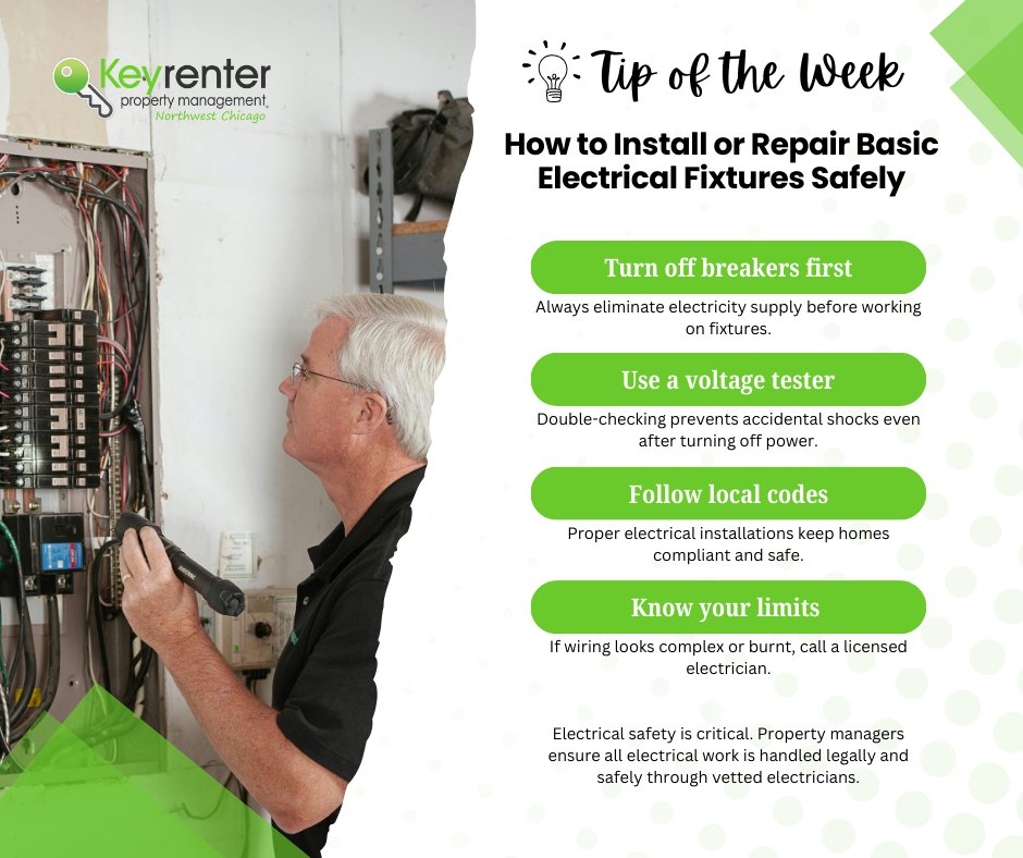 KeyrenterNWC's tweet photo. Electrical issues in a rental property should always be handled safely &amp; professionally.

@KeyrenterNWC works with licensed electricians to ensure repairs/installations are done correctly &amp; up to code.

Need reliable #propertymanagement?
📞 847-407-1212 #KeyrenterNorthwestChicago https://t.co/DIBB9O2A63