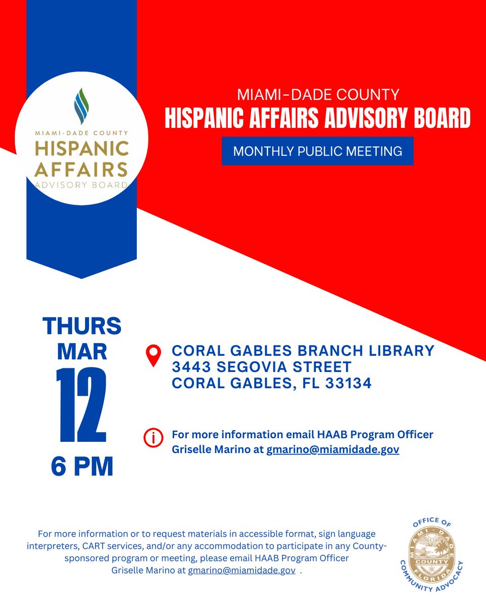 EngagementMDC's tweet photo. We are pleased to invite you to the Monthly Miami-Dade Hispanic Affairs Advisory Board Meeting. This is a great opportunity to come together and discuss important issues affecting our Hispanic community, share insights, and collaborate on initiatives. https://t.co/zw9ighsh4G