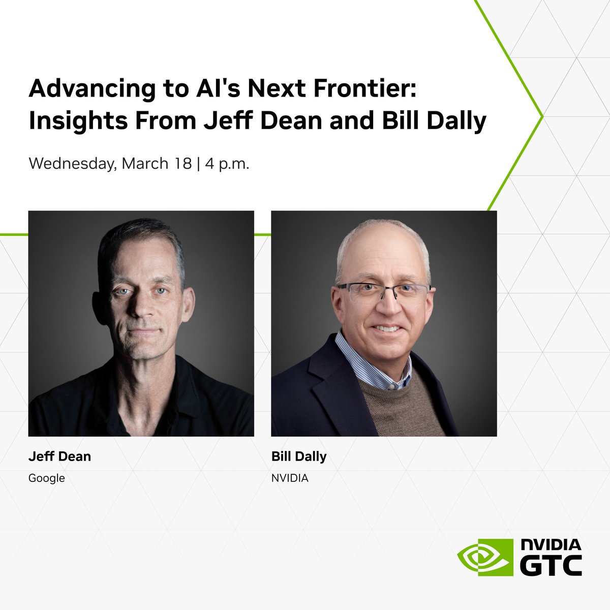 Two of the researchers who paved the way for the modern AI ecosystem on stage, together. 🤝

<a href="/JeffDean/">Jeff Dean</a> and Bill Dally are hosting a fireside chat at #NVIDIAGTC to dig into what it really takes to power the next frontier of AI—from agentic systems to ultra‑efficient,