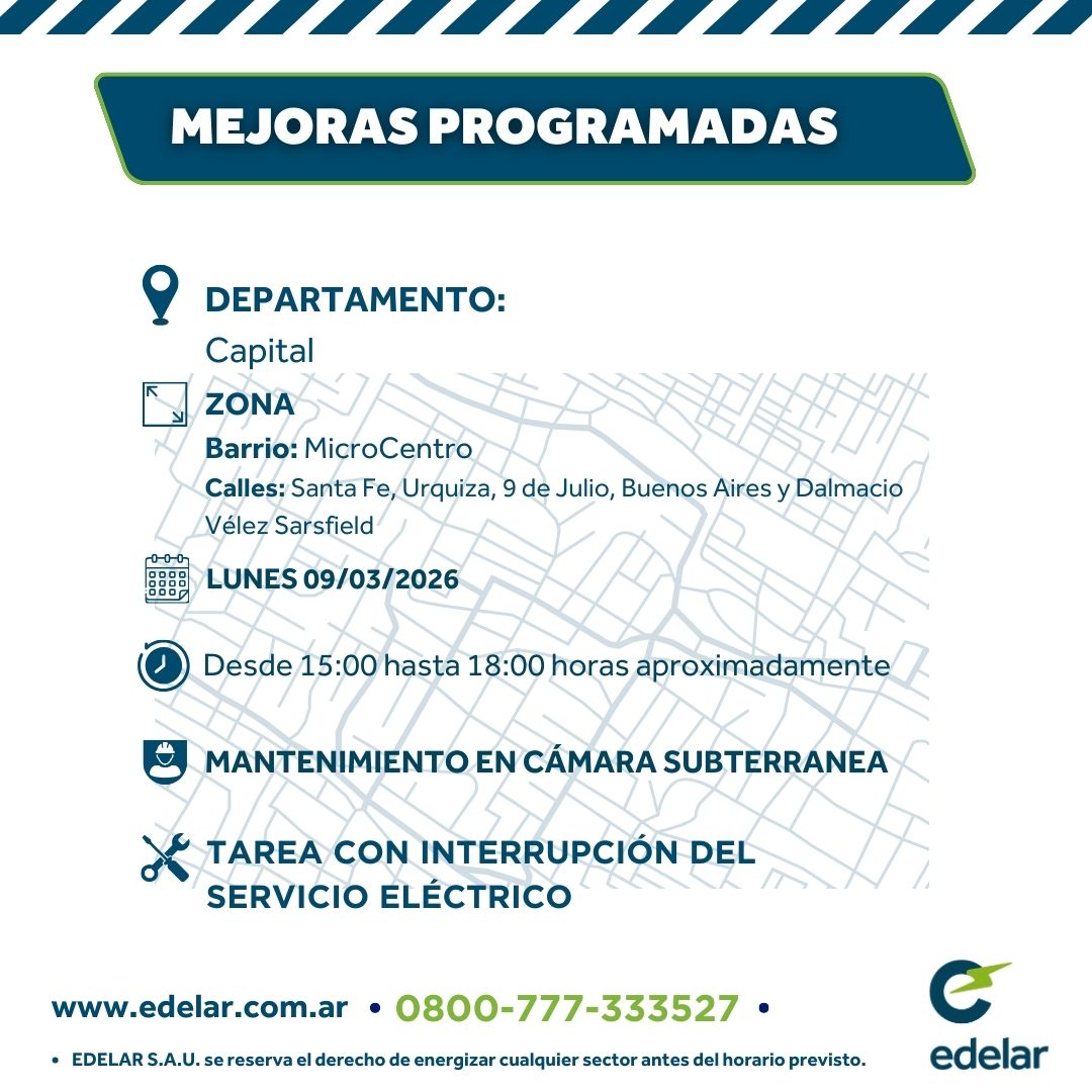 EdelarSAU's tweet image. @EdelarSAU
#MejorasProgramadas 

📆Semana del 09 al 15 de marzo.    

📞Les recordamos que por cualquier emergencia o reclamo pueden comunicarse al 0800-777-333527 (Edelar).