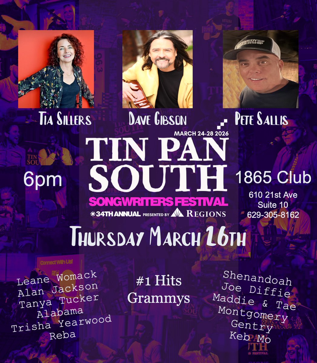 TIN PAN SOUTH!! WITH <a href="/DaveGibson/">DaveGibson</a> AND Tia Sillers at <a href="/1865club/">1865club</a> on Thursday March 26th 6pm!
<a href="/NSAIofficial/">Nashville Songwriters Association Int'l.</a> <a href="/TinPanSouth/">Tin Pan South</a>