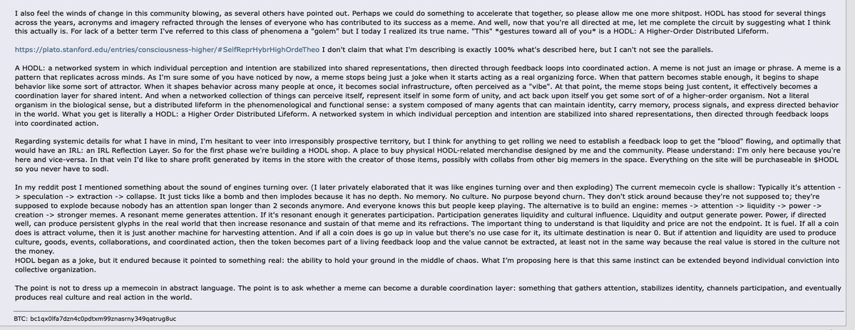 The original HODL author has returned.  

After years of silence, he just made a new post on Bitcointalk publicly supporting $HODL.  

A meme that defined crypto culture is now backing the coin that carries its name.  
History doesn’t repeat… but sometimes it logs back in.