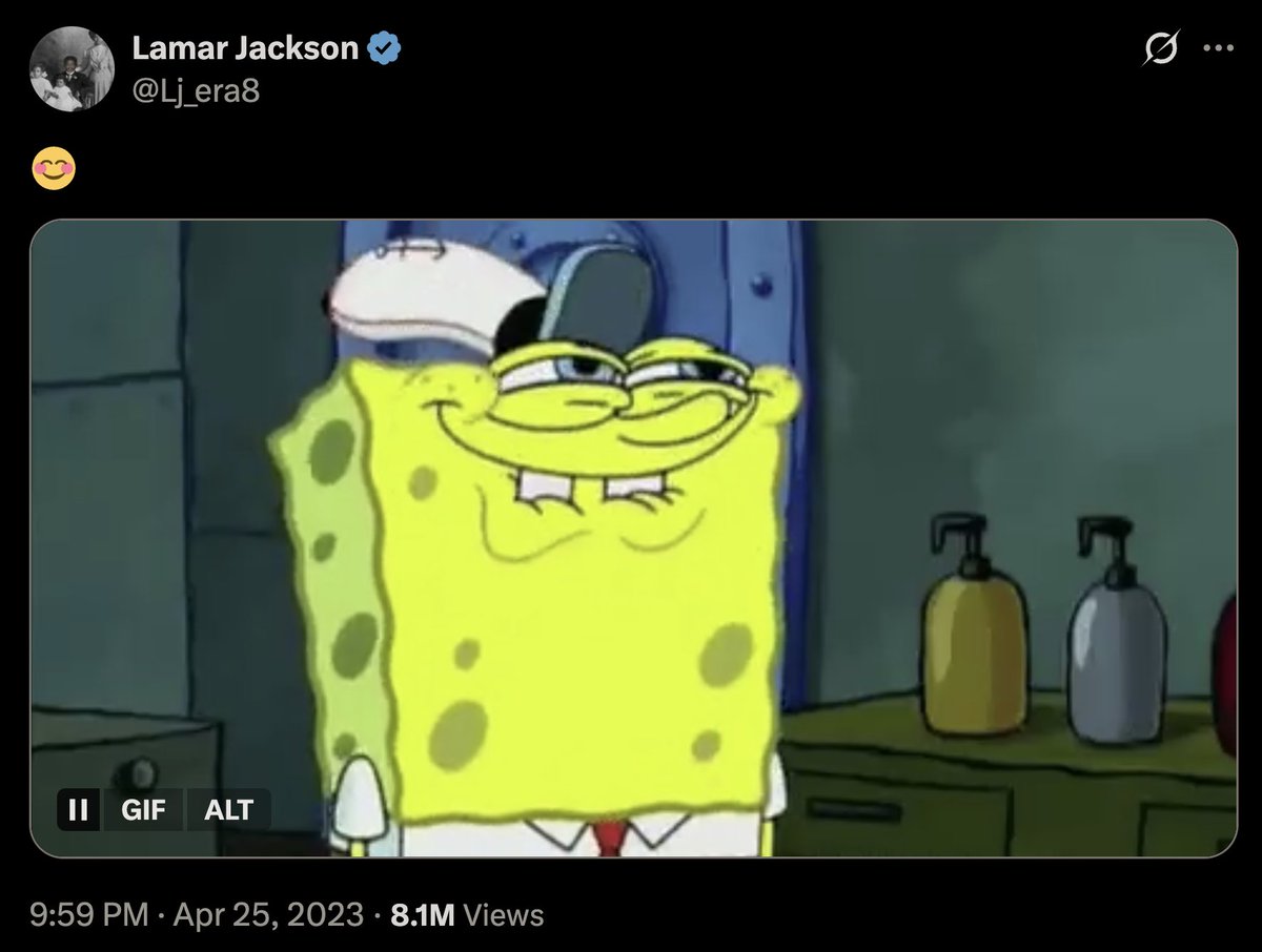 sgellison's tweet photo. Two days before signing a contract extension in 2023, Lamar Jackson posted a cryptic tweet featuring Sponge Bob and a smile face emoji.

Today, he posted another cryptic tweet featuring Training Day and the same smile emoji. https://t.co/bqLJ6EQy7V