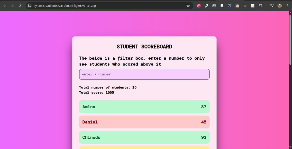 ManolisTheDev's tweet photo. Day 17 of #GDGoCBowen #GDGoC30DayChallenge  
Today, I created a web app that manages a list of students and their scores using map(),  filter(), and reduce() to display, filter, and summarize data.
Code: https://t.co/E65RW1XnHq
Live: https://t.co/g3Yg3rU19o

@gdgoc_bowen https://t.co/ZvFW5dbdwX