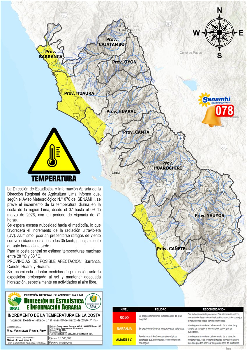 deia_dral's tweet photo. #SENAMHI – Aviso Meteorológico N.° 078
Del 07 al 09 de marzo se prevé incremento de la temperatura diurna en la costa de la región Lima.
Temperaturas máximas estimadas entre 28 °C y 33 °C.
Se recomienda protección ante la radiación solar. https://t.co/tQsEPo1H6O