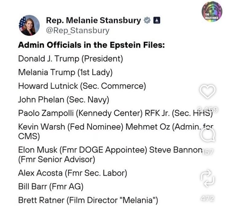 Suzierizzo1's tweet photo. This is a list of people in the Trump Administration that are listed in the Epstein Files several times &amp; some with photos of them together! Every one of these people including the President &amp; his wife need to be investigated immediately just like Republicans did the Clintons! https://t.co/RmjtmEbo94