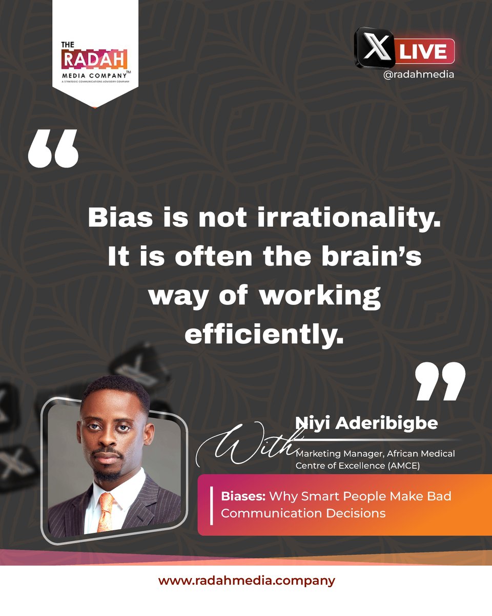 radahmedia's tweet photo. Smart ideas fail more often because of bias than because of bad thinking.
In our latest DECODED Live, we explored how cognitive biases shape perception and influence how audiences interpret messages.
Here are a few insights from the session.
#DECODEDLive #StrategicCommunication https://t.co/gGCyhvVicB