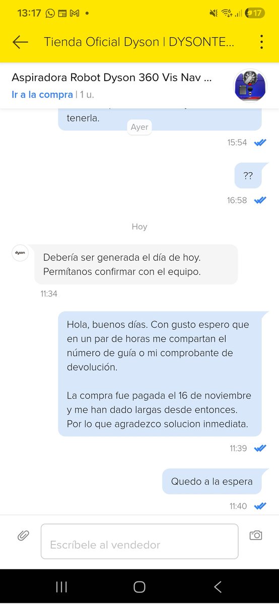 enrique_sm070's tweet photo. Actualización del reporte, Joaquín: 🎤📉
@Dyson ahora dice que la guía 'debería' quedar HOY. La misma promesa desde hace meses por un producto pagado el 16 de NOVIEMBRE. 🗓️
​¿Será este el fin de las largas o solo otro capítulo de #DysonNoCumple? @ML_Mexico @Profeco  @AskDyson https://t.co/h27pYeW8f9