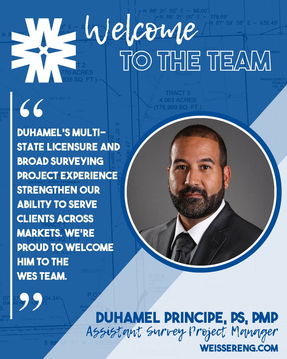 WeisserEngineer's tweet photo. Welcome Duhamel Principe to WES as an Assistant Survey Project Manager. Duhamel is a licensed #ProfessionalSurveyor in LA, FL, &amp; NM with experience in ALTA Surveys, Spatial Data Management, QA/QC, and Horizontal and Vertical Control. We are excited to have him on the WES Team! https://t.co/YvLKTZAKL4