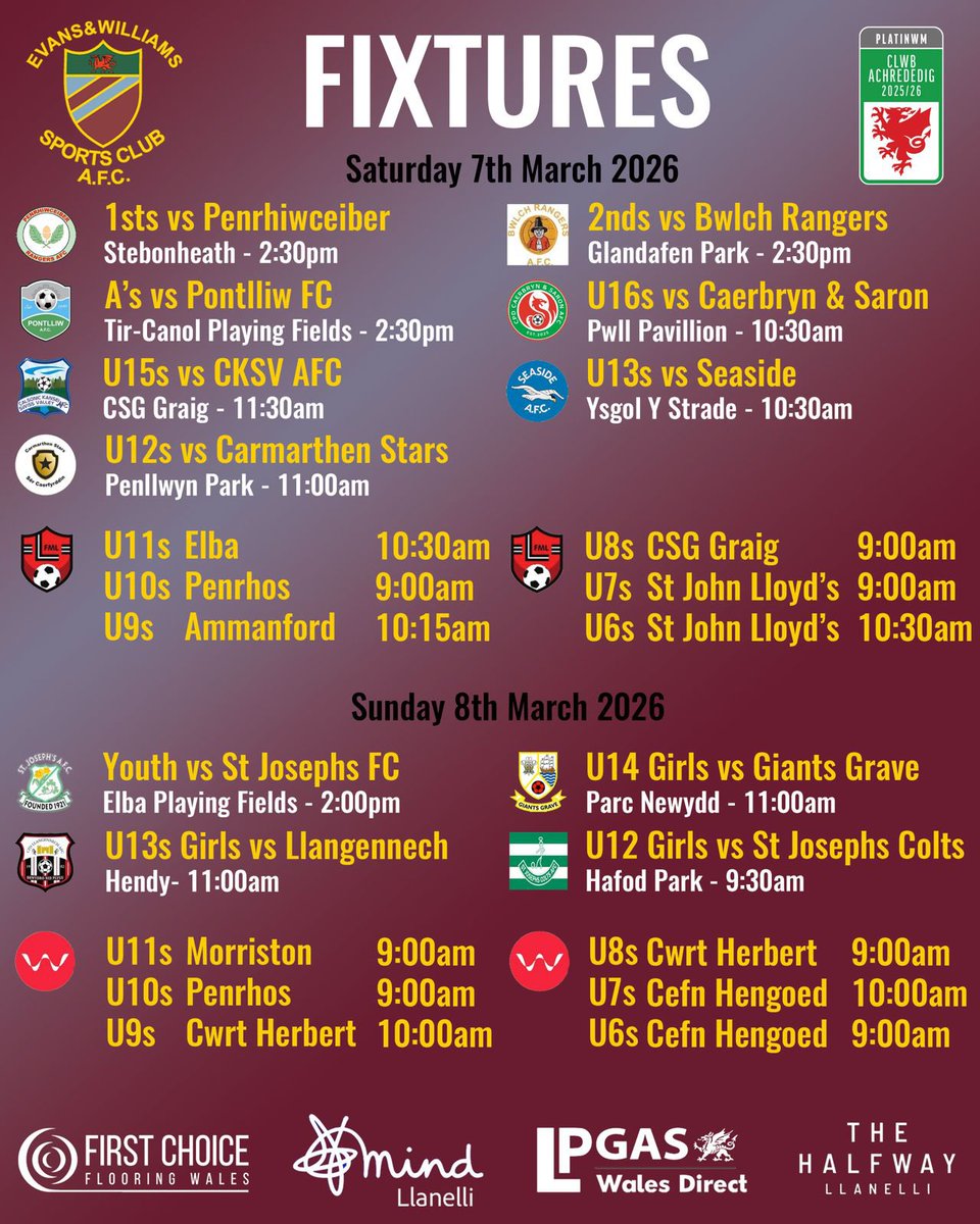 EvansWilliamsFC's tweet image. 𝙒𝙚𝙚𝙠𝙚𝙣𝙙 𝙁𝙞𝙭𝙩𝙪𝙧𝙚𝙨

This weekends fixtures. Good luck to all our teams. 

Gemau’r penwythnos hwn. Pob lwc i'n holl dimau.

#Albies
