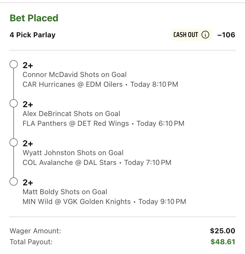 quesobetz's tweet image. Queso’s Pick of the Day 💎🧀💎🧀💎

Disappointing loss last night to take us to (11-5). Bringing back the 4x2 SOG 🏒

-106 1 Unit #Pod 💎
Feel free to ladder up the 4x3 and 4x4
4x3 +499 0.4u 🪜
4x4 +3125 🎰

McDavid | DeBrincat | Boldy | Johnston🔮

#NHLpicks #GamblingX