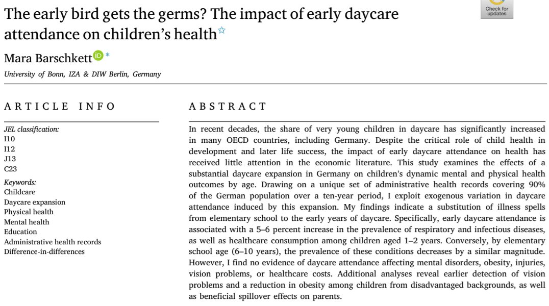 Sending kids early to daycare means they'll be sick all the time, but that's completely offset by their being less sick when they go to elementary school
