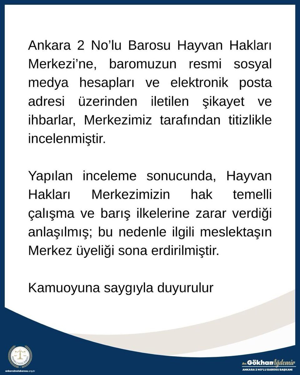 Ankara 2 No’lu Barosu Hayvan Hakları Merkezi’ne, baromuzun resmi sosyal medya hesapları ve elektronik posta adresi üzerinden iletilen şikayet ve ihbarlar, Merkezimiz tarafından titizlikle incelenmiştir.

Yapılan inceleme sonucunda, Hayvan Hakları Merkezimizin hak temelli çalışma
