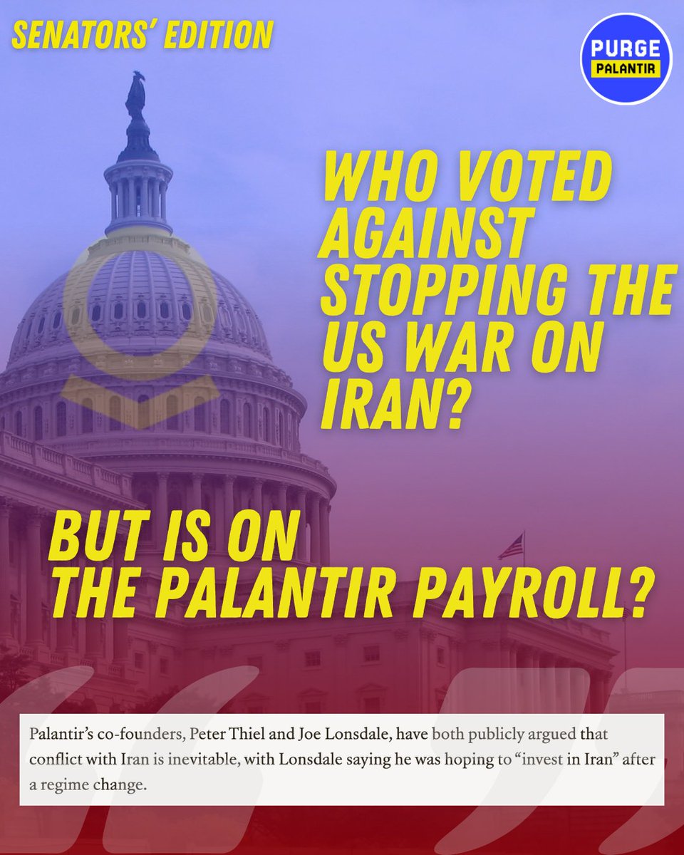 PurgePalantir's tweet photo. If #Palantir helping inform assessments ahead of Israeli and U.S. strikes in 2025—and now profiting from the U.S. war on Iran—represents a conflict of interest, what about the politicians who took Palantir-linked donations and voted for the war in Iran? https://t.co/OXy0S8AnVE