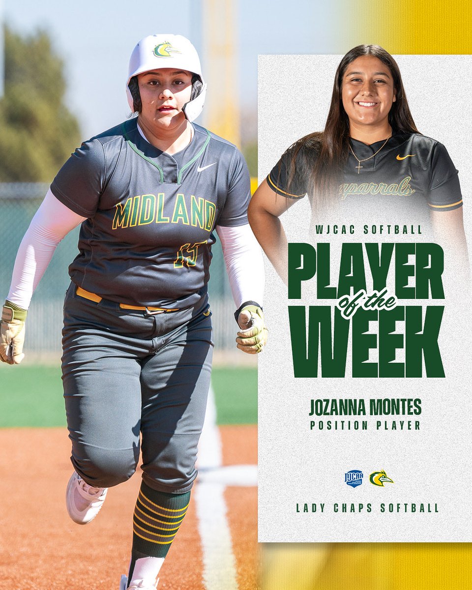 Midland_College's tweet photo. Congrats to Jozanna Monte’s for earning WJCAC player of the week. 🥎 A freshman catcher from San Benito, Texas, Montes batted .545 last week with 5 home runs and 11 runs batted in. She also drew four walks. #SuperJo 💚💛👌 https://t.co/DqE0GQT1fl