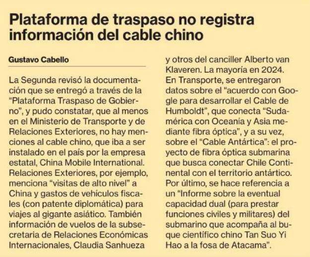 🔴URGENTE: GOBIERNO MENTIROSO  

En la nueva plataforma de Traspaso, el gobierno de Gabriel Boric NO HACE MENCIONES al cable chino, sólo hacen mención al cable Humboldt y al cable Antártica

Definitivamente se les cayó toda la mentira

Fuente: <a href="/La_Segunda/">laSegunda</a>