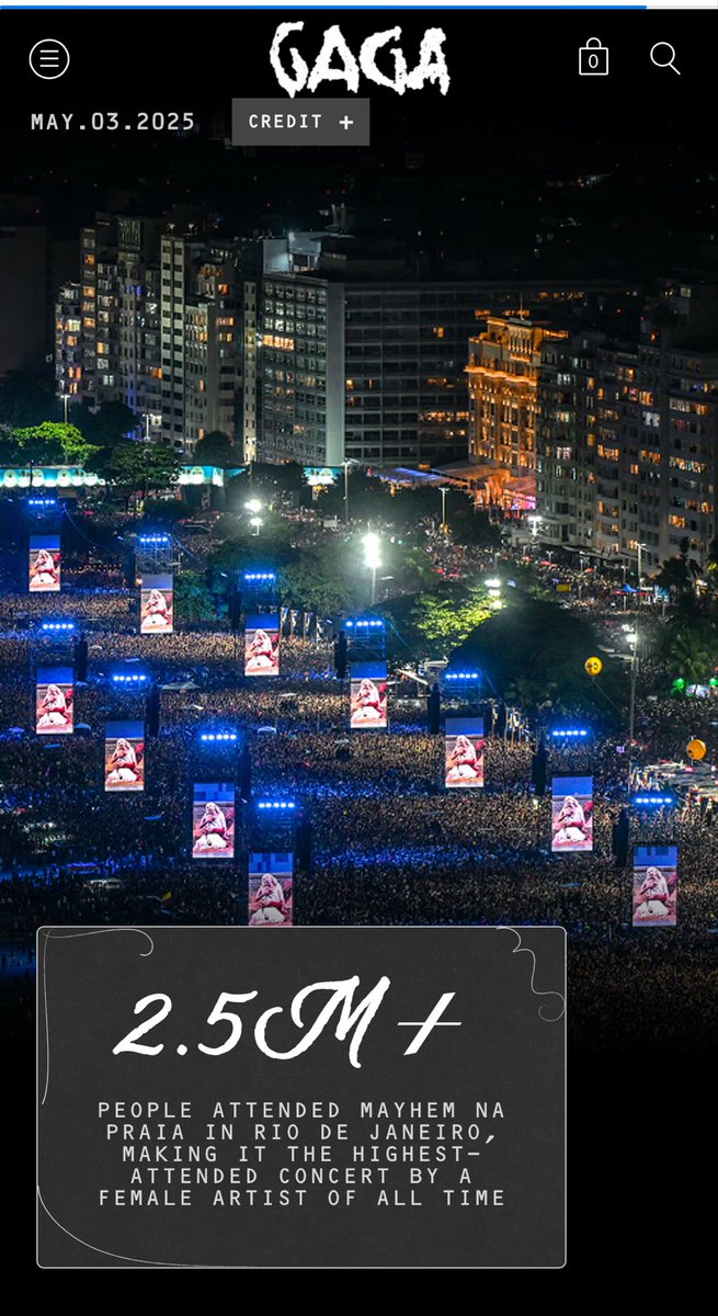 🇧🇷 GAGACABANA! Show histórico de Lady Gaga no Rio de Janeiro é destaque na retrospectiva oficial da era “MAYHEM”.

“Mais de 2.5 milhões de pessoas compareceram ao MAYHEM na Praia, o maior público de show de uma artista feminina na HISTÓRIA!”