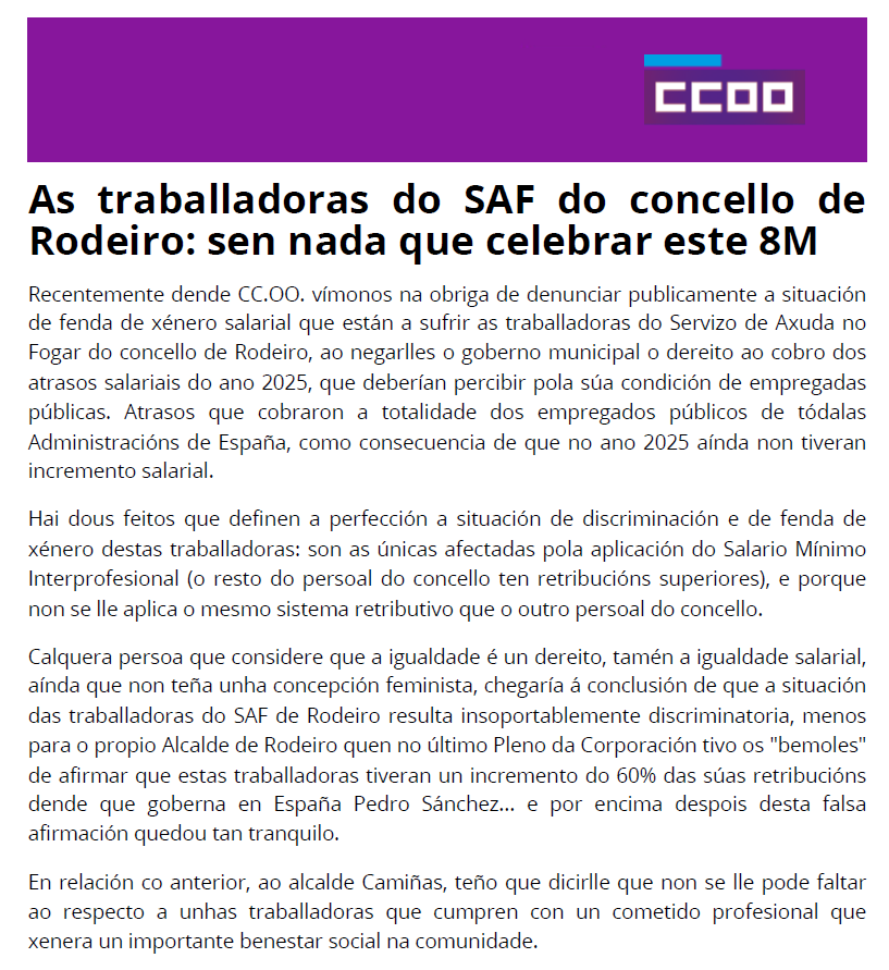 ccoogalicia's tweet photo. 🔴 As traballadoras do SAF de Rodeiro: sen nada que celebrar este #8M
O alcalde Camiñas (PSOE) nega os atrasos salariais de 2025 a estas traballadoras, únicas afectadas polo SMI no concello, mentres dispón de 715.814€.
Discriminación por convicción, non por falta de recursos https://t.co/CiEtC8duAo
