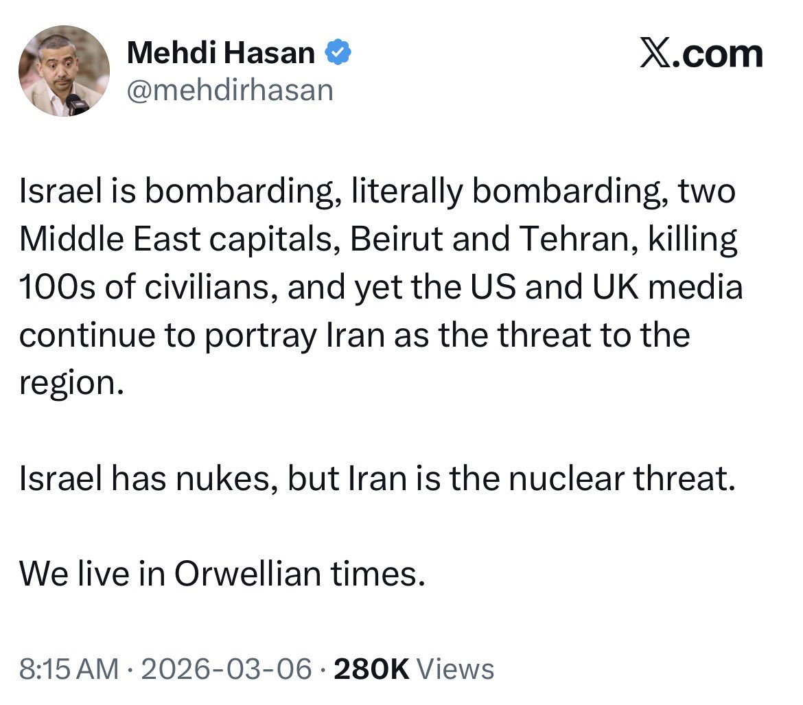 One of the most disturbing things I’ve experienced since October 7th, is seeing people like <a href="/mehdirhasan/">Mehdi Hasan</a> argue that groups like the Islamic Republic and Hamas are, in fact, the good guys. This level of delusion and brain rot will be studied a thousand years from now.