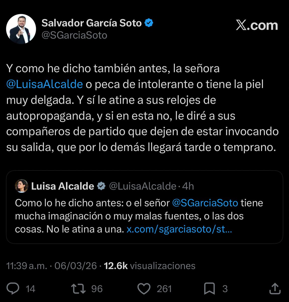 CRECE TENSIÓN EN MORENA POR LA DIRIGENCIA

<a href="/LuisaAlcalde/">Luisa Alcalde</a> rechazó la versión del periodista <a href="/SGarciaSoto/">Salvador García Soto</a> por publicar que podría ser sustituida por Citlalli Hernández al frente de Morena. El columnista respondió que la dirigente tiene “la piel muy delgada”. 

También comentó