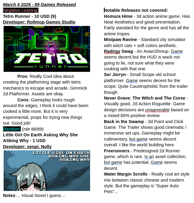 Looking over steam releases daily and giving surface level thoughts on game quality and ideas presented. I choose games that I find interesting. #gamedev #indiedev #steam

bsky.app/profile/retror…