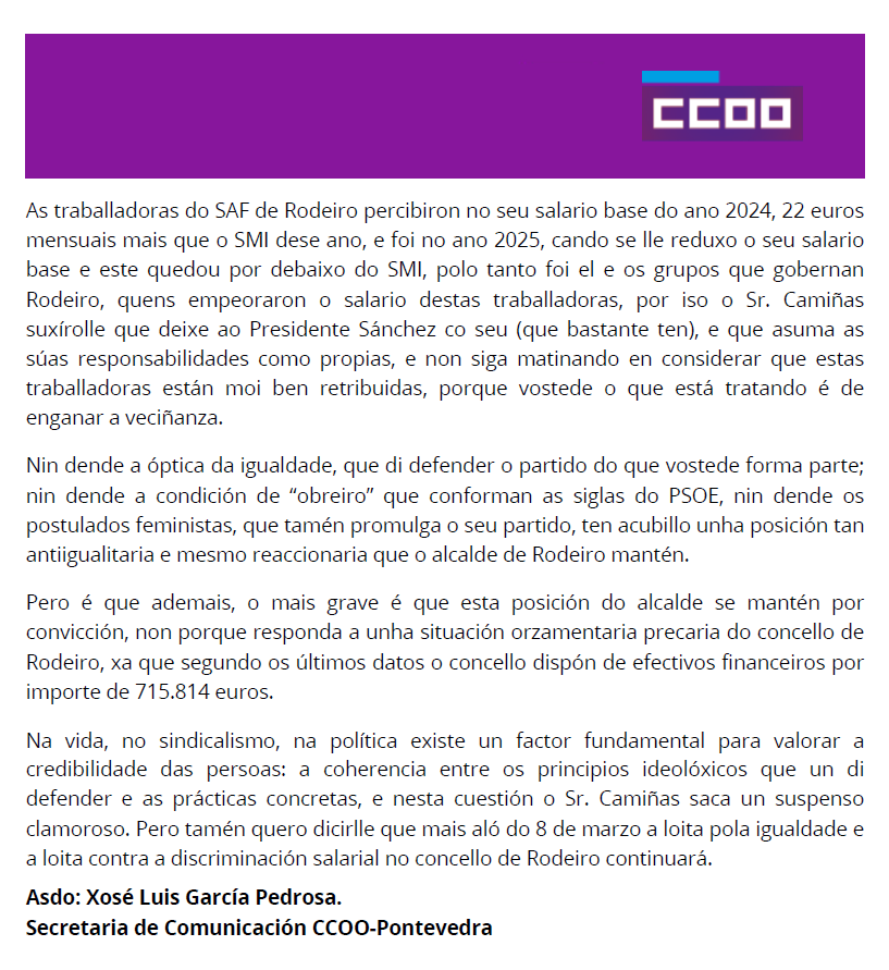 ccoogalicia's tweet photo. 🔴 As traballadoras do SAF de Rodeiro: sen nada que celebrar este #8M
O alcalde Camiñas (PSOE) nega os atrasos salariais de 2025 a estas traballadoras, únicas afectadas polo SMI no concello, mentres dispón de 715.814€.
Discriminación por convicción, non por falta de recursos https://t.co/CiEtC8duAo
