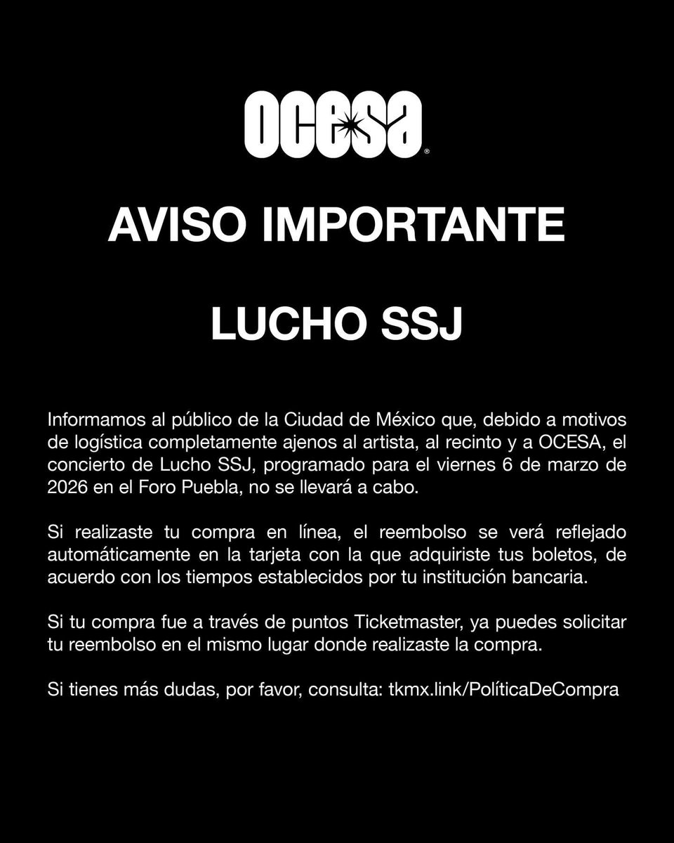 CrookedMagazine's tweet photo. 🚨 #DeÚltimaHora: OCESA confirma la cancelación de 3 eventos en CDMX. Debido a causas de fuerza mayor y logística, se suspenden los shows de:

❌ P!nk (26 y 27 abr - Estadio GNP)
❌ Lucho SSJ (6 mar - Hoy)
❌ Carolina Ross (2 may - Metropólitan) https://t.co/Z9lnxW1DGp