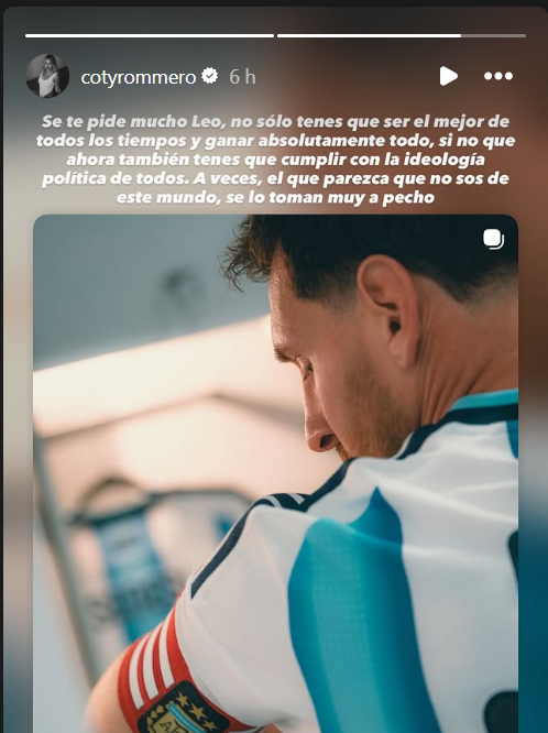 "AHORA TAMBIÉN TENES QUE CUMPLIR CON LA IDEOLOGIA POLITICA DE TODOS".

Coty Romero salió a bancar a su ídolo: Leonel Andrés Messi. ¿La bancan?