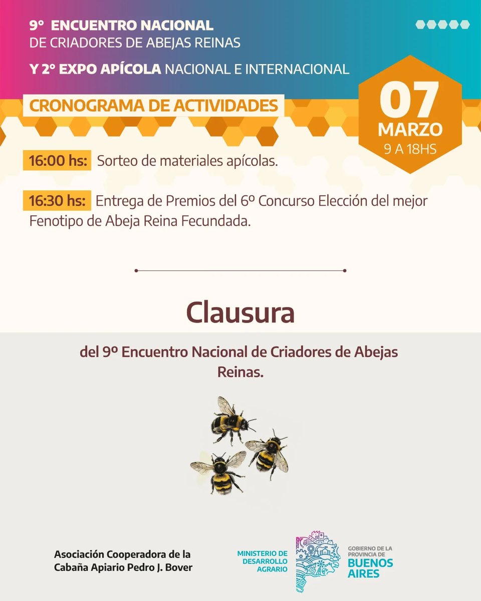 🐝 9° Encuentro Nacional de Criadores de Abejas Reinas y 🌎 2° Expo Apícola
📅 6 y 7 de marzo 2026
🕘 9 a 18 hs
📍 Cabaña Apiario Pedro J. Bover
General Belgrano Bs.As.
Concurso de reinas, charlas y exposición de empresas del sector. 
Este sábado 7 desde 9 hs.