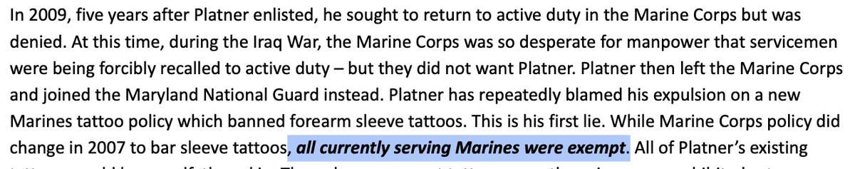 aobrien2010's tweet image. This is whole bs smear is so easily debunked. You write that there was an exemption to the rule banning forearm tattoos for "currently serving Marines," &amp;amp; in the same doc acknowledge that Platner had already left the Marines. He didn't fall under the exemption. #mepolitics