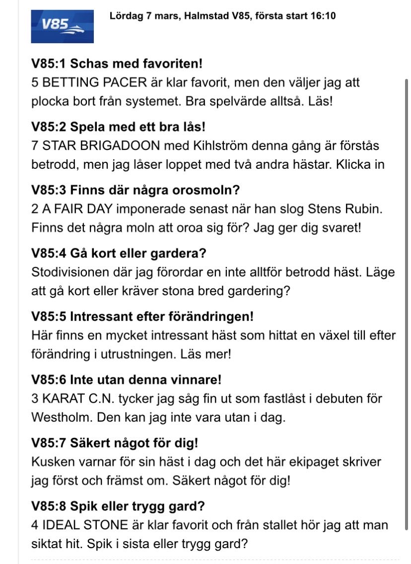 V85-tips för 79 kr på snoken.se 🐴⭐️
Riverdale Z. tror jag hårt på i V85-1!