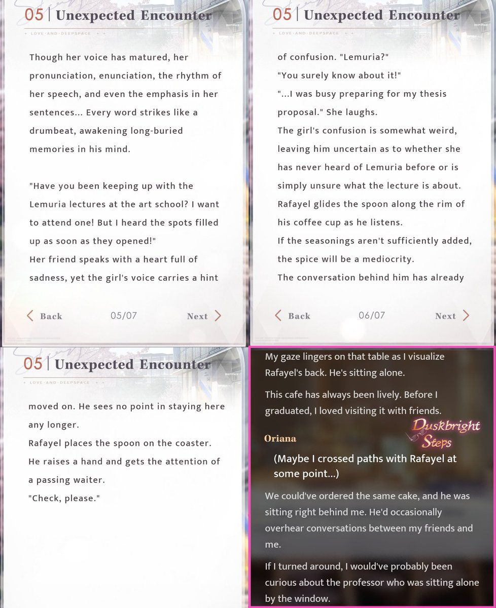 I feel safer now posting this because of spoilers and those waiting for #Rafayel's birthday to read his card. 

I absolutely love the many call backs in this card but this one tugged at my heart.
Anecdote - Addictive Pain 5: Unexpected Encounter
Card - Duskbright Steps