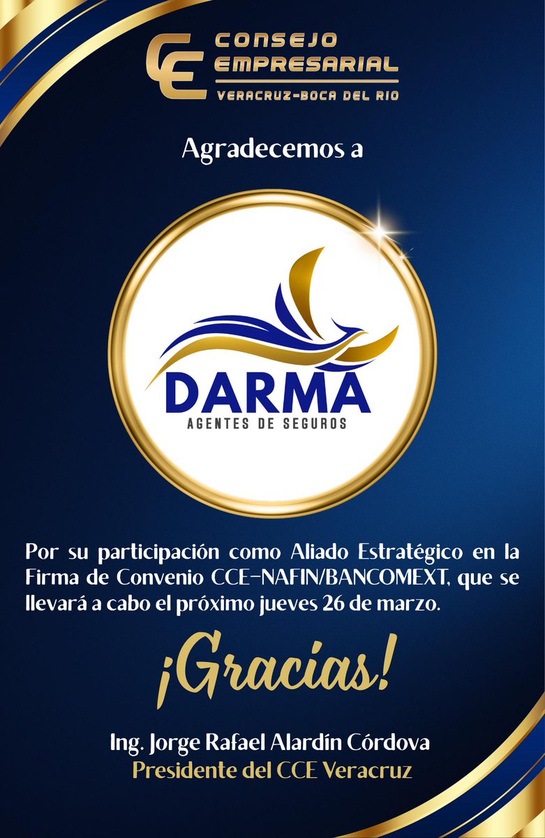 Agradecemos a 𝐃𝐚𝐫𝐦𝐚 𝐀𝐠𝐞𝐧𝐭𝐞𝐬 𝐝𝐞 𝐒𝐞𝐠𝐮𝐫𝐨𝐬 por su participación como Aliado Estratégico Oficial en la Firma de Convenio CCE – NAFIN/BANCOMEXT, que se llevará a cabo el jueves 26 de marzo a las 08:30 horas, en el Hotel Emporio.  

#LaFuerzaDeTodosJuntos🌟