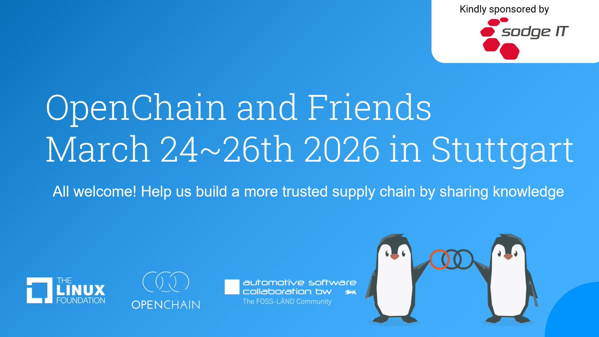 autogradelinux's tweet photo. 💡 AGL will be in Stuttgart for OpenChain and Friends this month!

On March 24, Dan Cauchy presents "Open source SDV with Automotive Grade Linux SoDeV" to discuss progress in open source automotive platforms.

Join us: https://t.co/2DVXItU0TH

#AutoGradeLinux #OpenSource #SDV https://t.co/Be9C3YsSZU