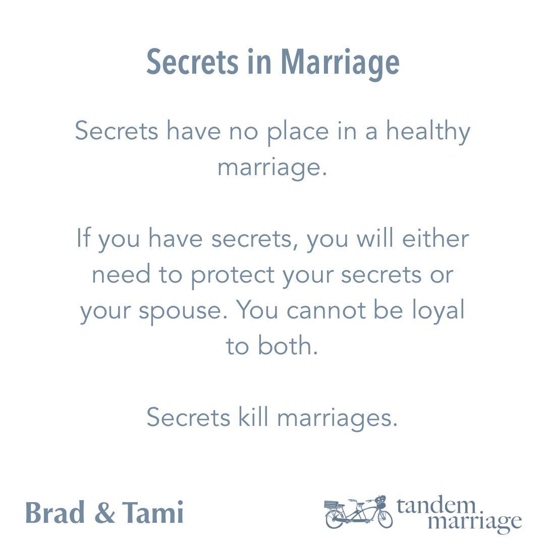 TandemMarriage's tweet image. Secrets have no place in a healthy marriage. If you have secrets, you will either need to protect your secrets or your spouse. You cannot be loyal to both.
Secrets kill marriages.
 
TandemMarriage.com/post/vulnerable
 
#TeamUs #MarriageGoals #MarriageGodsWay