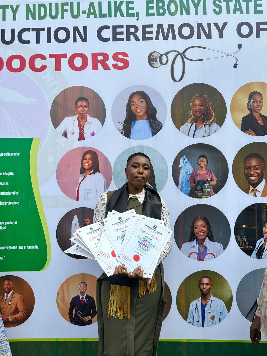 Yesterday, 5th March 2026, I graduated as the Overall Best Graduating Student of the pioneer set of doctors of Alex Ekwueme Federal University Ndufu-Alike Ebonyi State (AE-FUNAI), with 22 distinctions and awards.

It's now Dr Igwe Ezinne Esther (MBBS;AEFUNAI).

All glory to God🙏