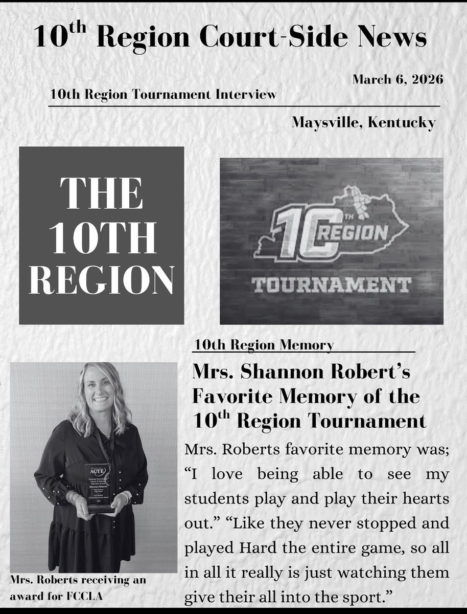 MCRoyalsMedia's tweet photo. In honor of the 10th Region Tournament this week, students have been learning to use InDesign and made an article.

Some media student selected an alumni from the 10th region to share a memory about the tournament. https://t.co/MZLlTXEOLB