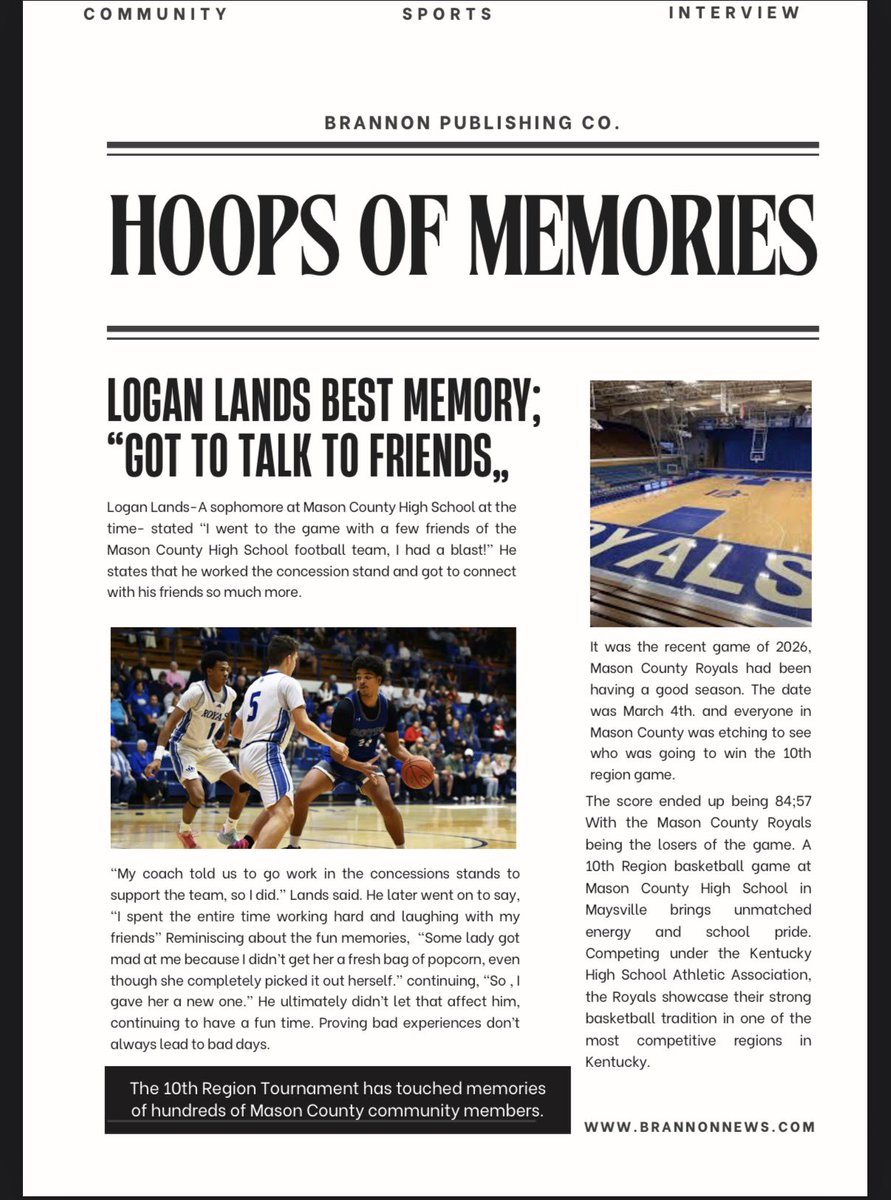 MCRoyalsMedia's tweet photo. In honor of the 10th Region Tournament this week, students have been learning to use InDesign and made an article.

Some media student selected an alumni from the 10th region to share a memory about the tournament. https://t.co/MZLlTXEOLB