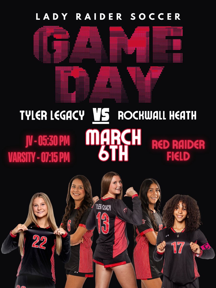TLGirlsSoccer's tweet photo. Last District Home Game!!
⏰JV 5:30/V 7:15
🆚@SoccerHeath 
📍Tyler Legacy HS
🎟️ At the entrance of Red Raider Field.
🎽Wear your soccer jersey for free entry! https://t.co/LlTET0tNUS