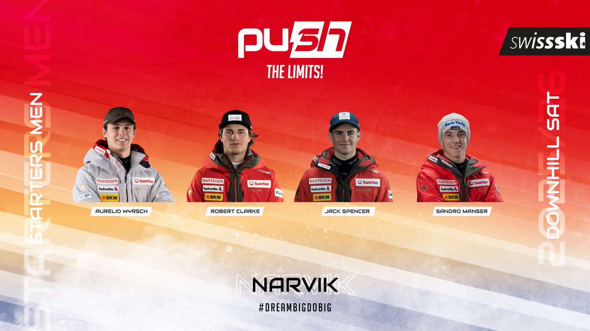 swissskiteam's tweet image. Unser Team zum Auftakt der Junioren-WM in Narvik 🇳🇴! 🤩

Folgende Athletinnen und Athleten vertreten die Schweiz in der Abfahrt am Samstag (Frauen: 13.15 Uhr, Männer: 14.15 Uhr). #hoppschwiiz🤞

#swissskiteam #push #downhill #fisalpinejuniors #narvik2026