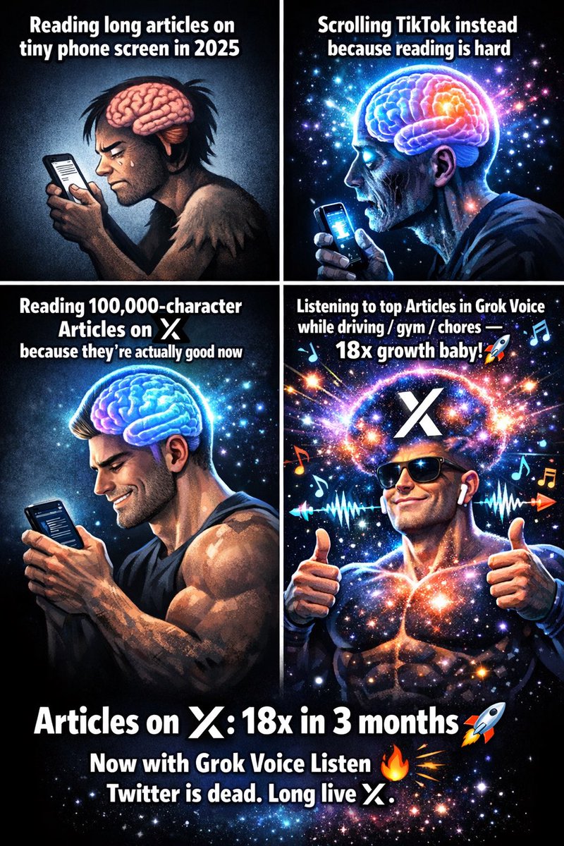 ttoozz's tweet photo. @elonmusk Reading is so 2024.
Listening to 100k-char bangers in Grok Voice while owning the day? Peak 2026 behavior.
Articles up 18× — 𝕏 eating Substack's lunch with audio sauce 🍽️🔥
Get with the program or get left behind 🚀 #XArticles #GrokVoice https://t.co/LnzMb4kZI9