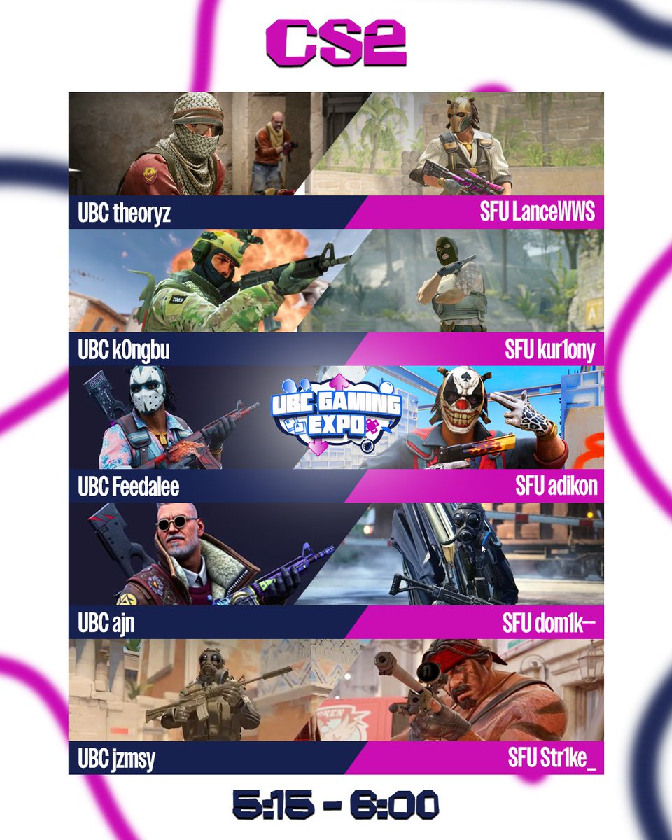 ubcesports's tweet photo. Rivalry takes the stage at UBC Gaming Expo 2026 👀

UBCEA vs SFUEA in a multi-title showmatch featuring Valorant, CS2, and Overwatch. Three games, one rivalry, and plenty of bragging rights on the line.

🕟 Starts at 4:30 PM. Don’t miss it. 🔥 Get tickets now! https://t.co/3xtwOmIzbS