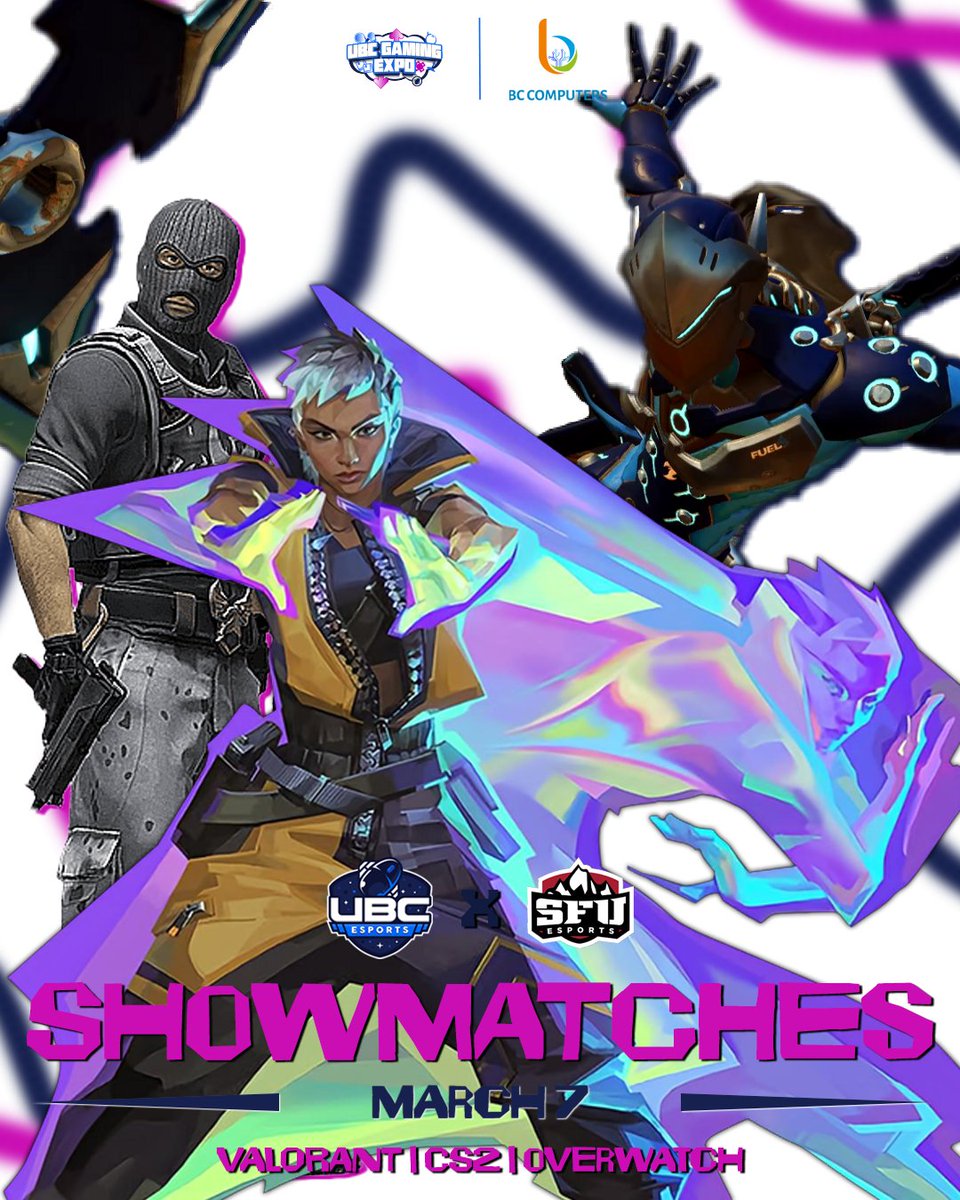 ubcesports's tweet photo. Rivalry takes the stage at UBC Gaming Expo 2026 👀

UBCEA vs SFUEA in a multi-title showmatch featuring Valorant, CS2, and Overwatch. Three games, one rivalry, and plenty of bragging rights on the line.

🕟 Starts at 4:30 PM. Don’t miss it. 🔥 Get tickets now! https://t.co/3xtwOmIzbS