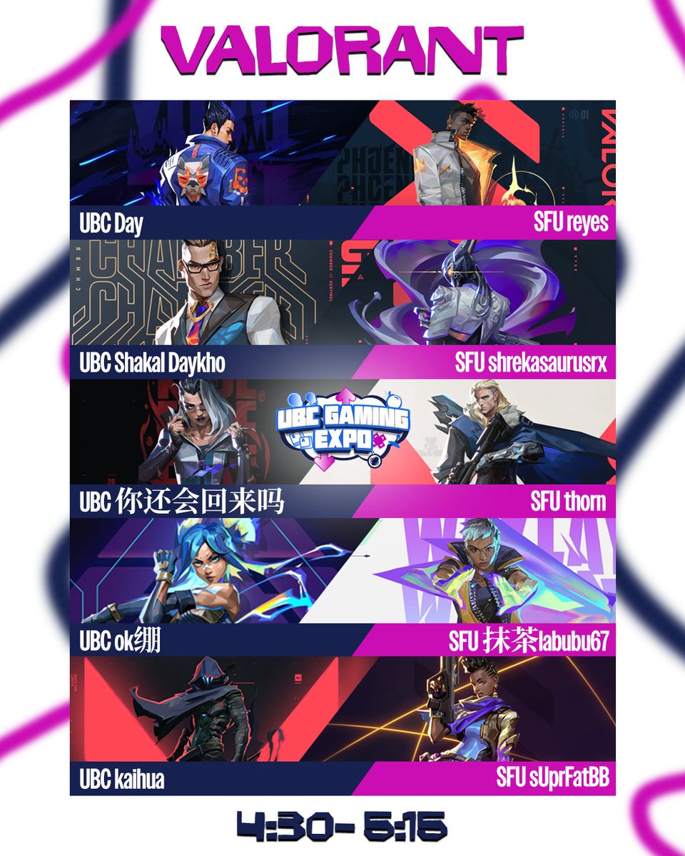 ubcesports's tweet photo. Rivalry takes the stage at UBC Gaming Expo 2026 👀

UBCEA vs SFUEA in a multi-title showmatch featuring Valorant, CS2, and Overwatch. Three games, one rivalry, and plenty of bragging rights on the line.

🕟 Starts at 4:30 PM. Don’t miss it. 🔥 Get tickets now! https://t.co/3xtwOmIzbS